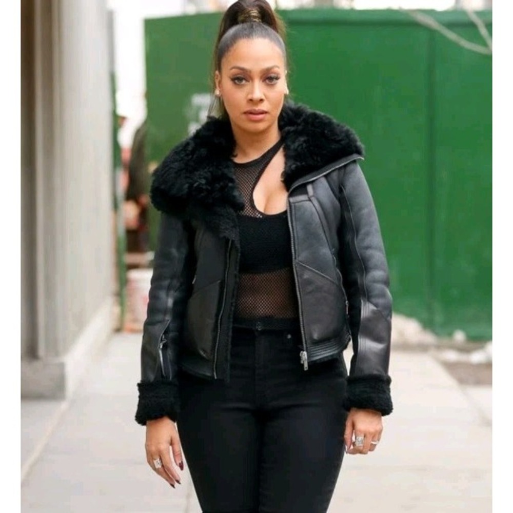 Lala Anthony Women Shearling Bomber Jacket 2X Black Zip Long Sleeve
